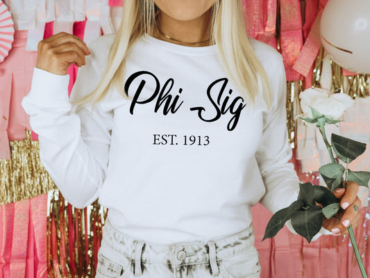 Phi Sigma Sigma Black Flowy Sorority Long Sleeve T-shirt _ 96g