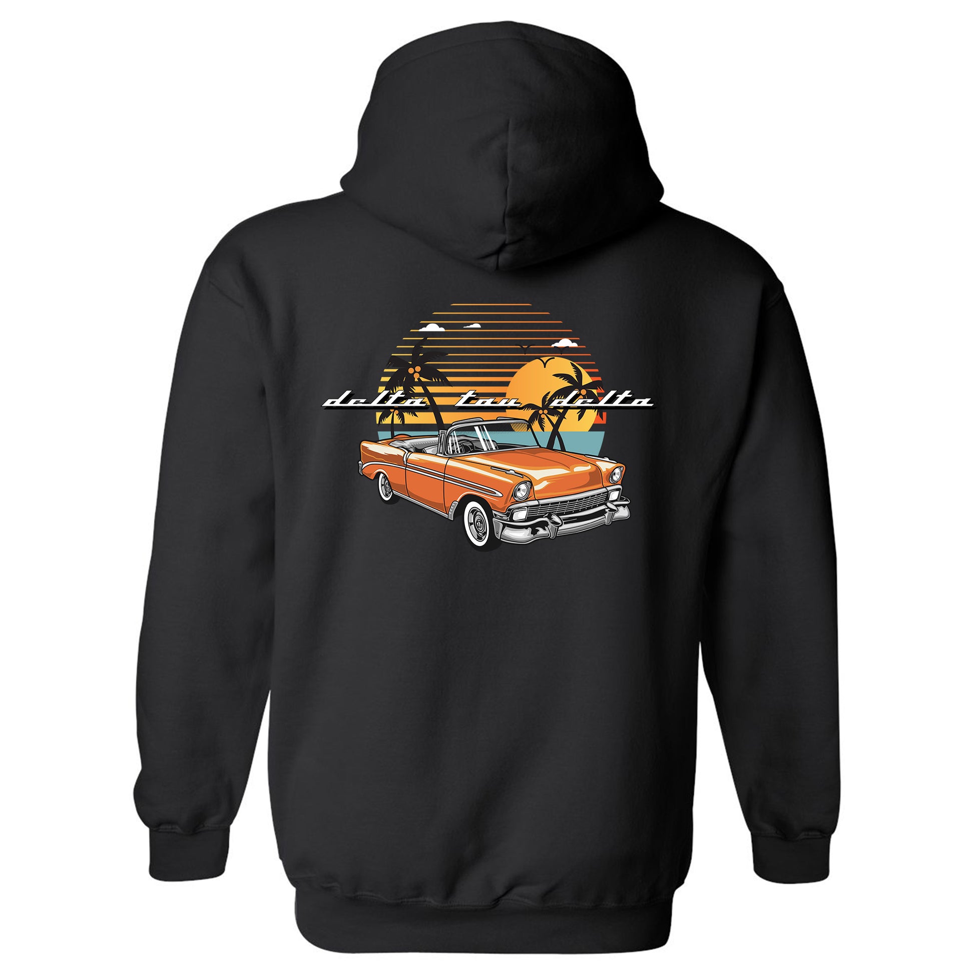a black hoodie with an orange car on it