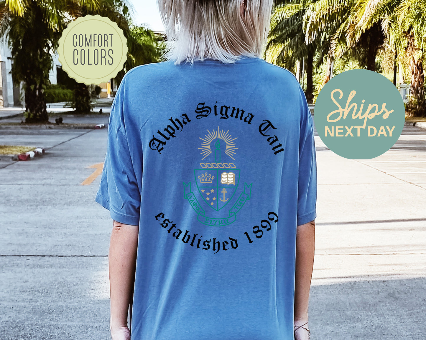 Alpha Sigma Tau Old English Crest Comfort Colors Sorority T-shirt _ 32927g