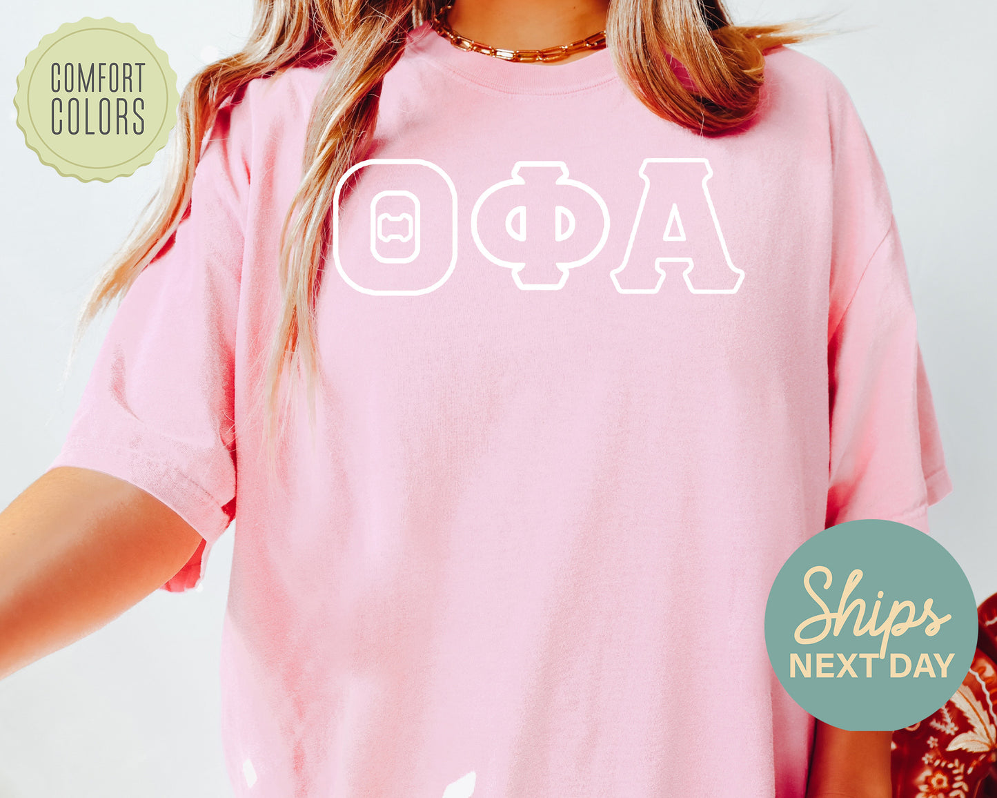 Theta Phi Alpha White Letter Outline Comfort Colors Sorority T-shirt _ 30815g