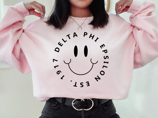 Delta Phi Epsilon Smiley Face Halo Sorority Sweatshirt _ 2511g