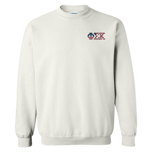 a white sweatshirt with a red, white, and blue logo