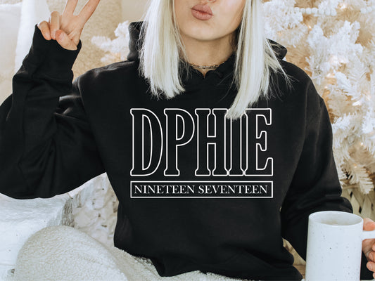 Delta Phi Epsilon Stencil Stacked Sorority Hoodie _ 2146g
