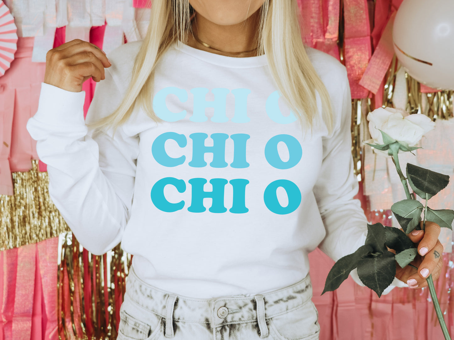 Chi Omega Touch of Blue Sorority Long Sleeve T-shirt _ 2586g