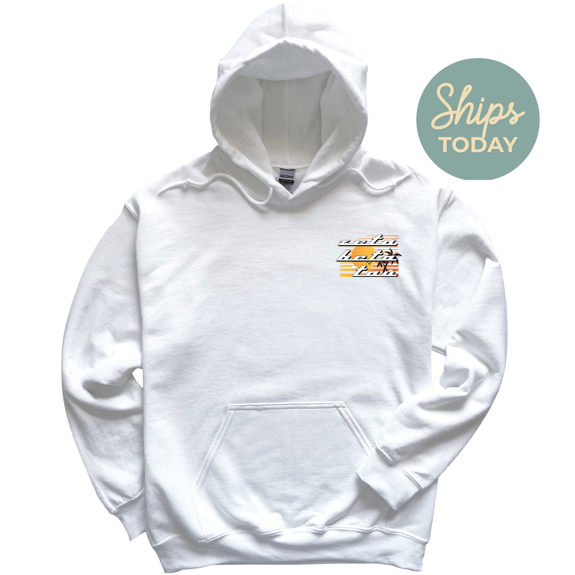 a white hoodie with the words ships today on it