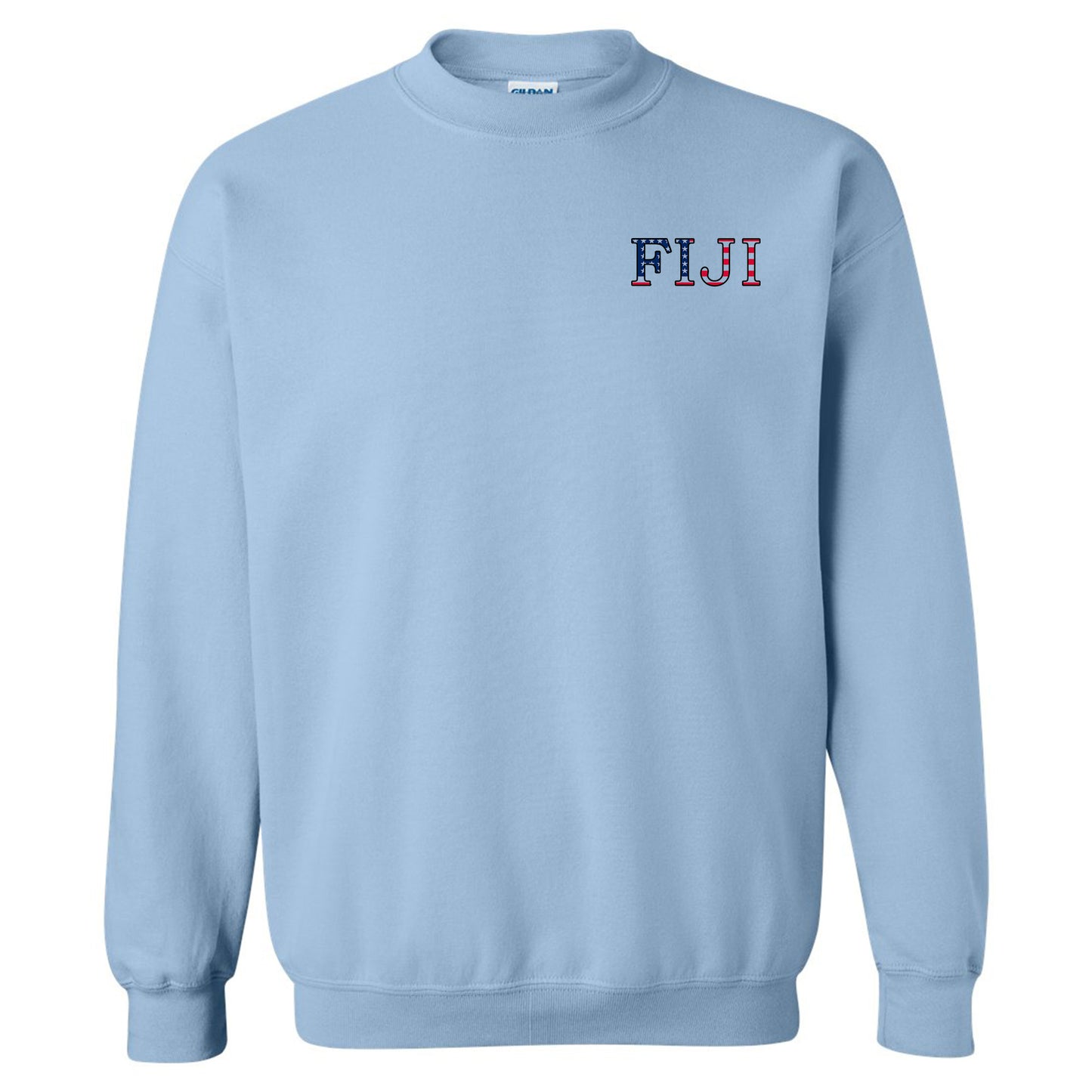a light blue sweatshirt with the word flu on it