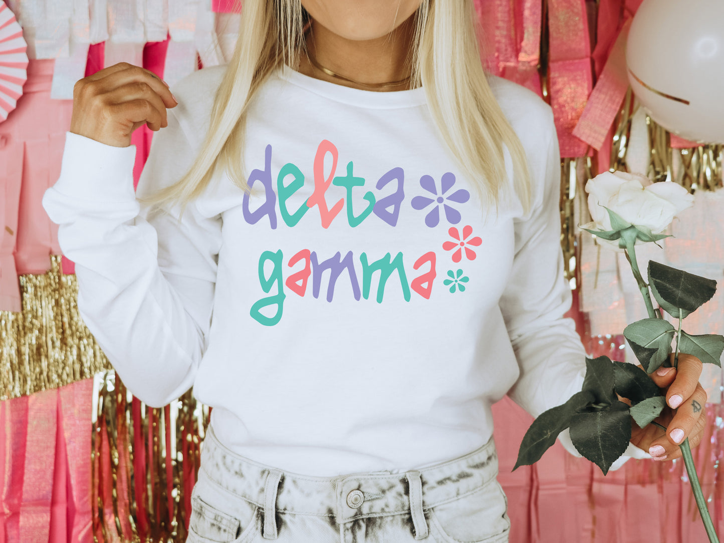 Delta Gamma Colorful Floral Sorority Long Sleeve T-shirt _ 2614g