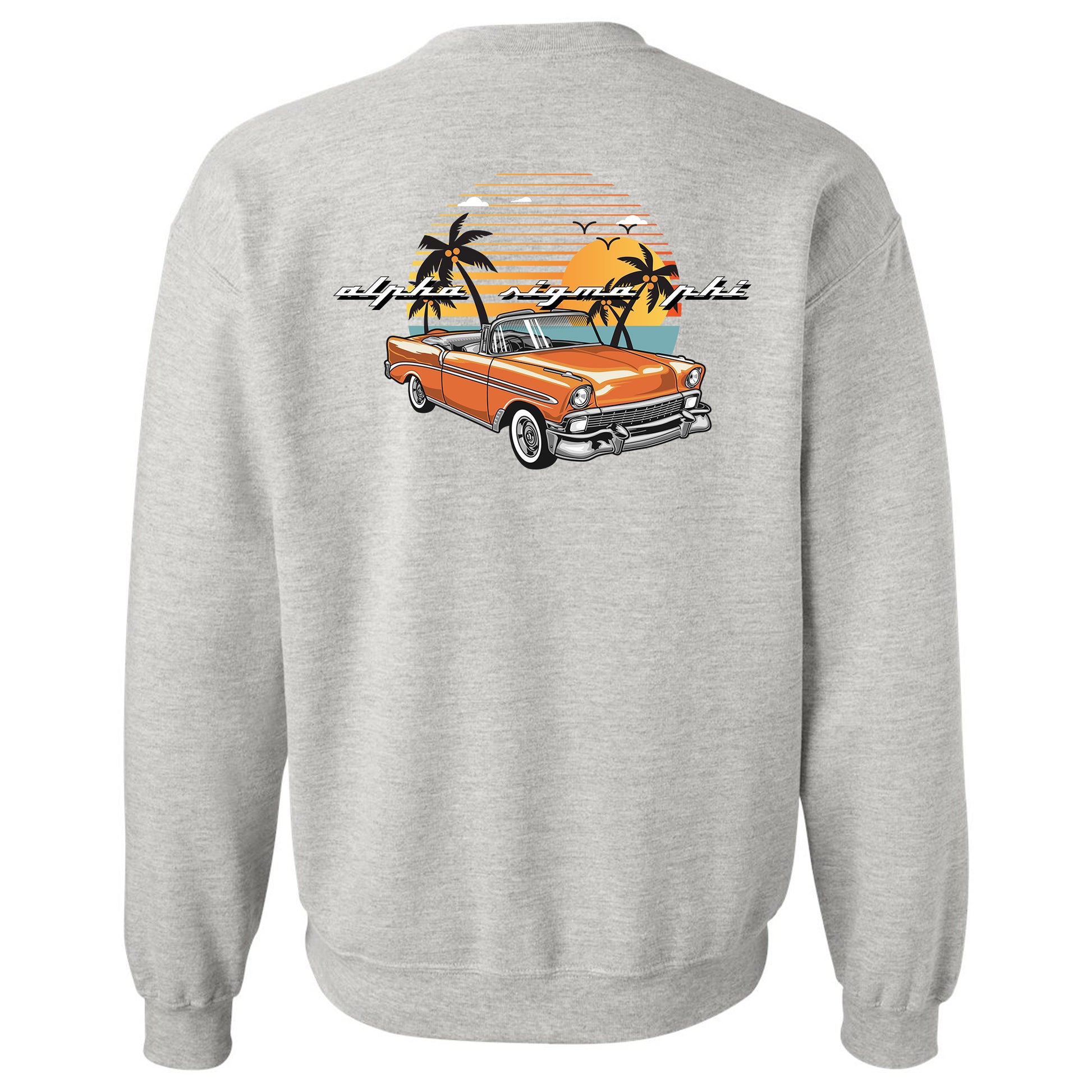 a grey sweatshirt with an orange car and palm trees