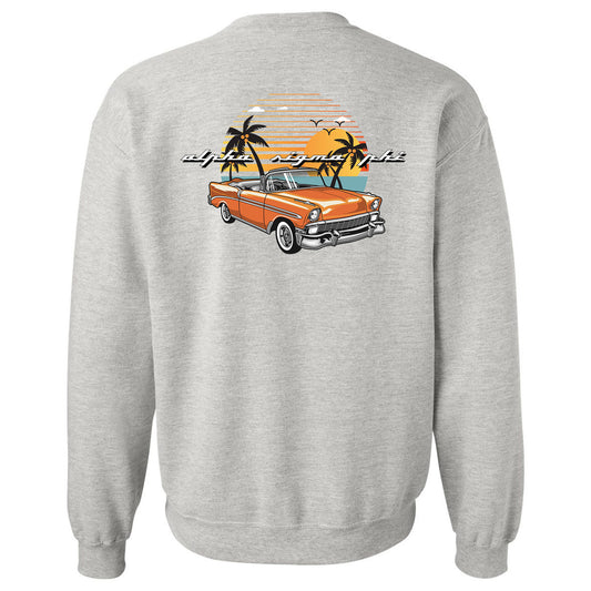 a grey sweatshirt with an orange car and palm trees