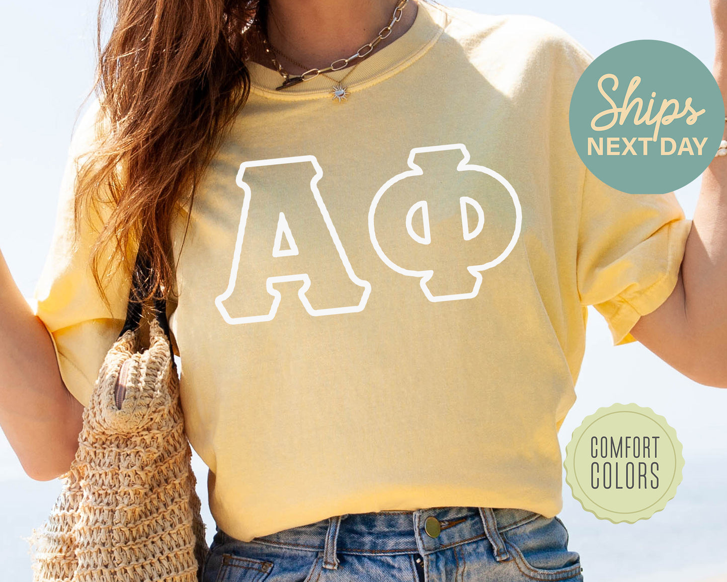 Alpha Phi White Letter Outline Comfort Colors Sorority T-shirt _ 30796g