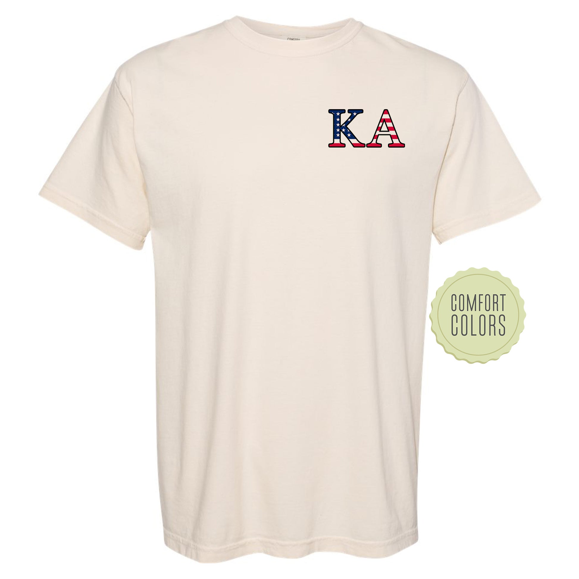 a white t - shirt with the letters k a in red, white, and