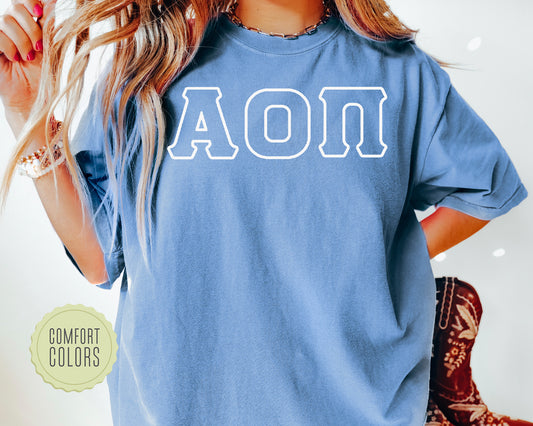 Alpha Omicron Pi White Letter Outline Comfort Colors Sorority T-shirt _ 30795g