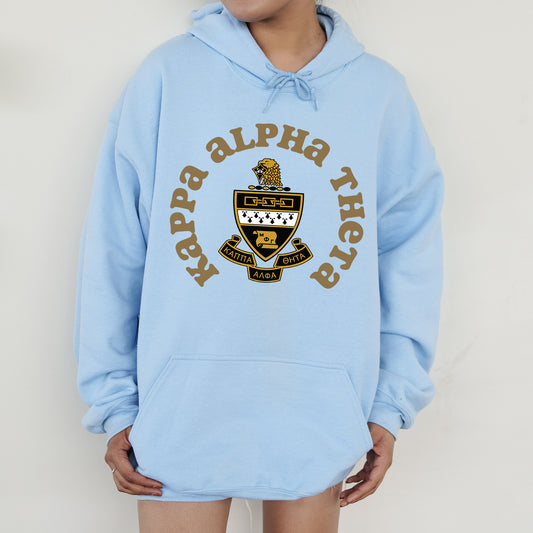 a person wearing a light blue hoodie with a school logo on it