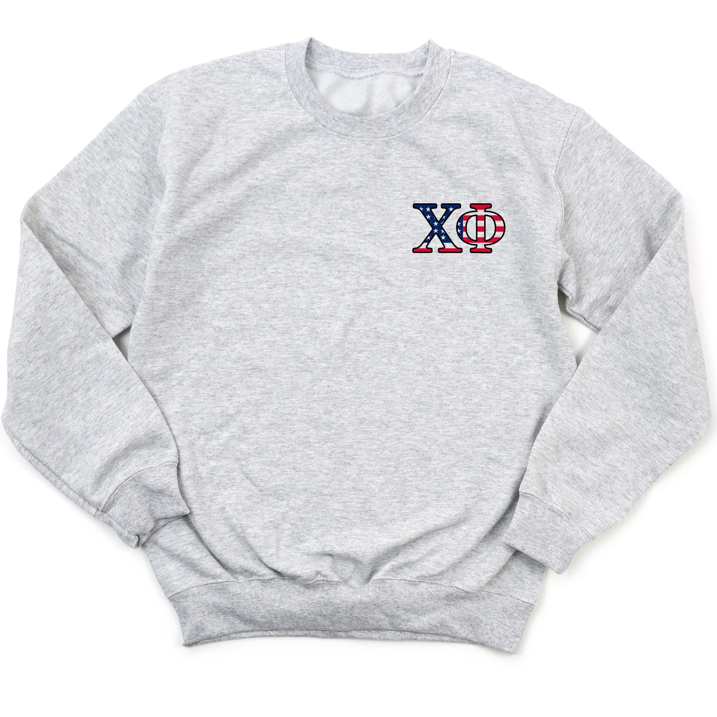 a grey sweatshirt with a red, white and blue logo