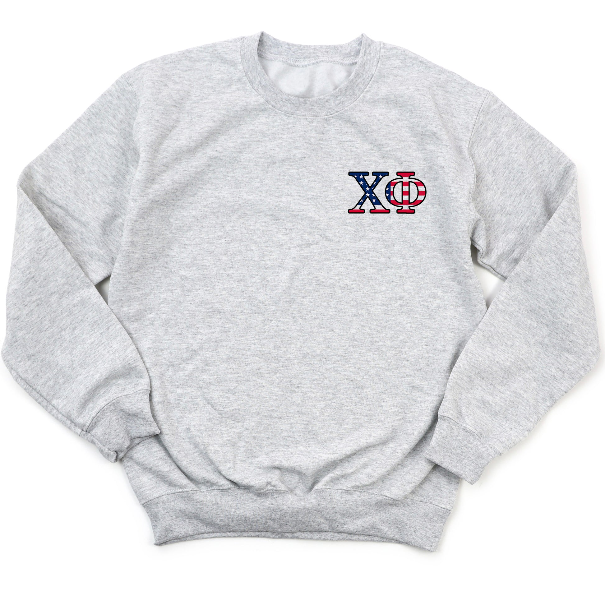 a grey sweatshirt with a red, white and blue logo