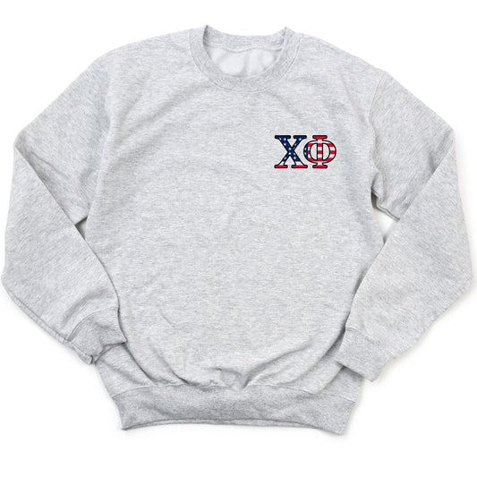 a grey sweatshirt with a red, white and blue logo