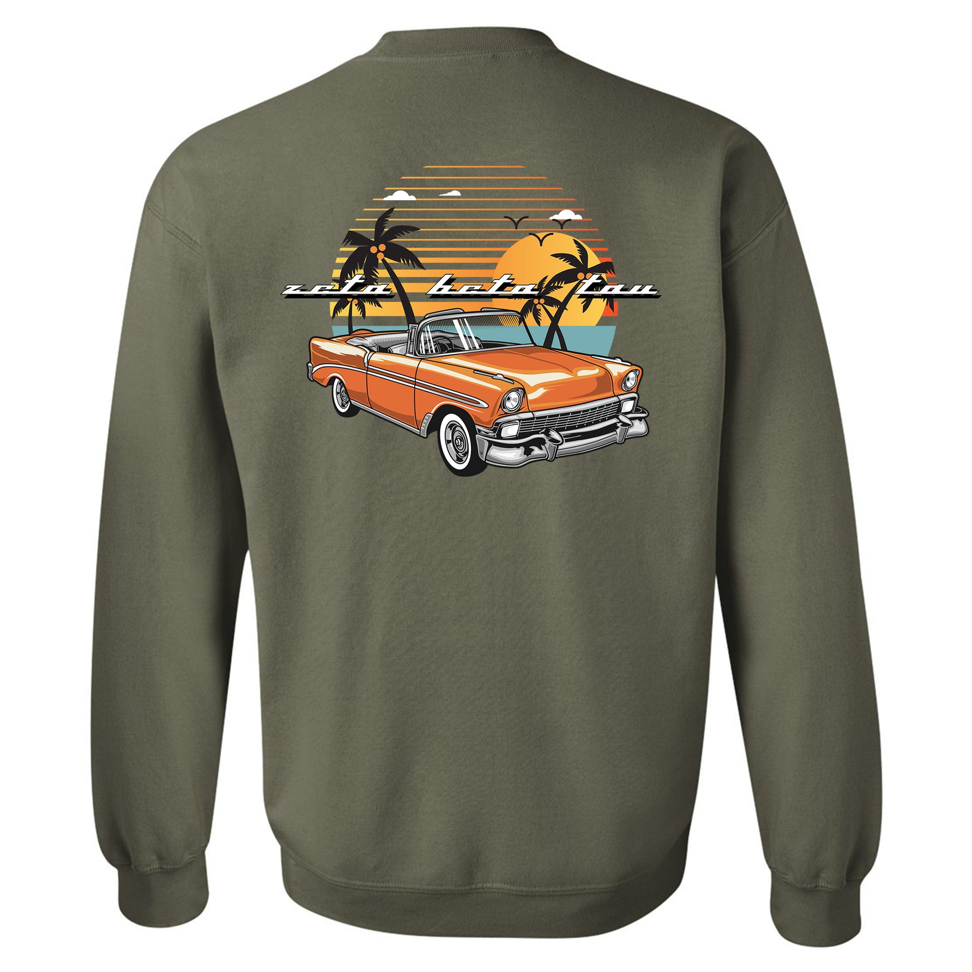 a green sweatshirt with an orange car and palm trees