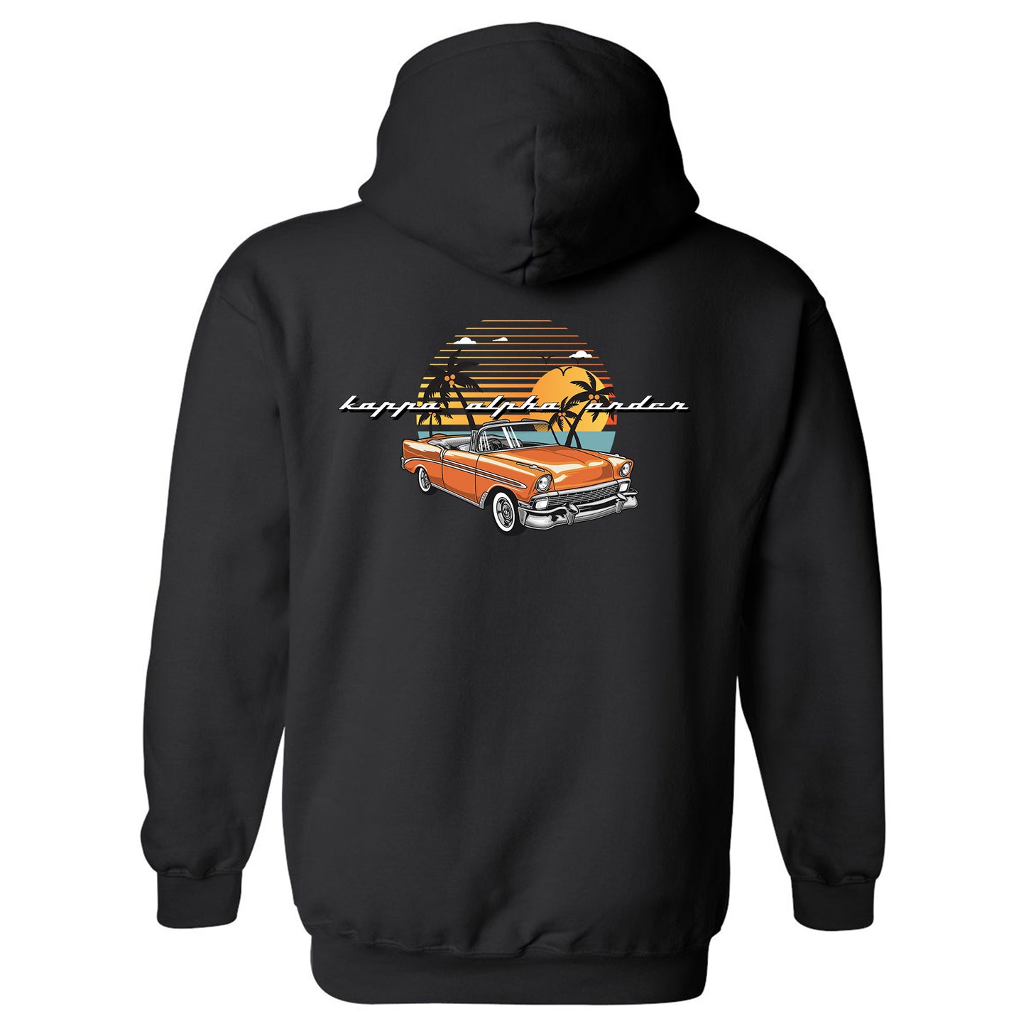a black hoodie with an orange car and palm trees