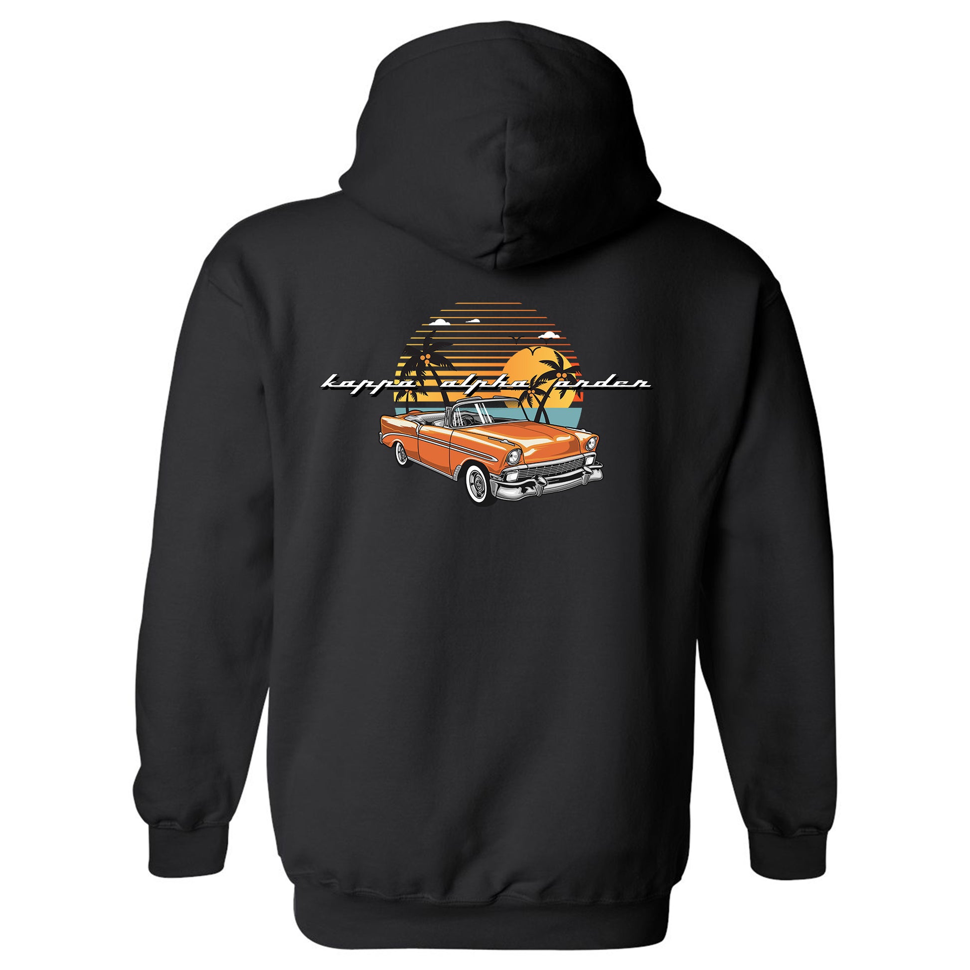 a black hoodie with an orange car and palm trees