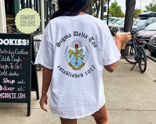 Sigma Delta Tau Old English Crest Comfort Colors Sorority T-shirt _ 32941g