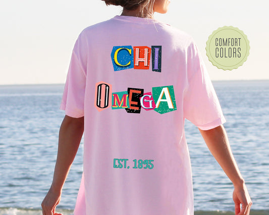 Chi Omega Letter Cuts Comfort Colors Sorority T-shirt _ 35896g