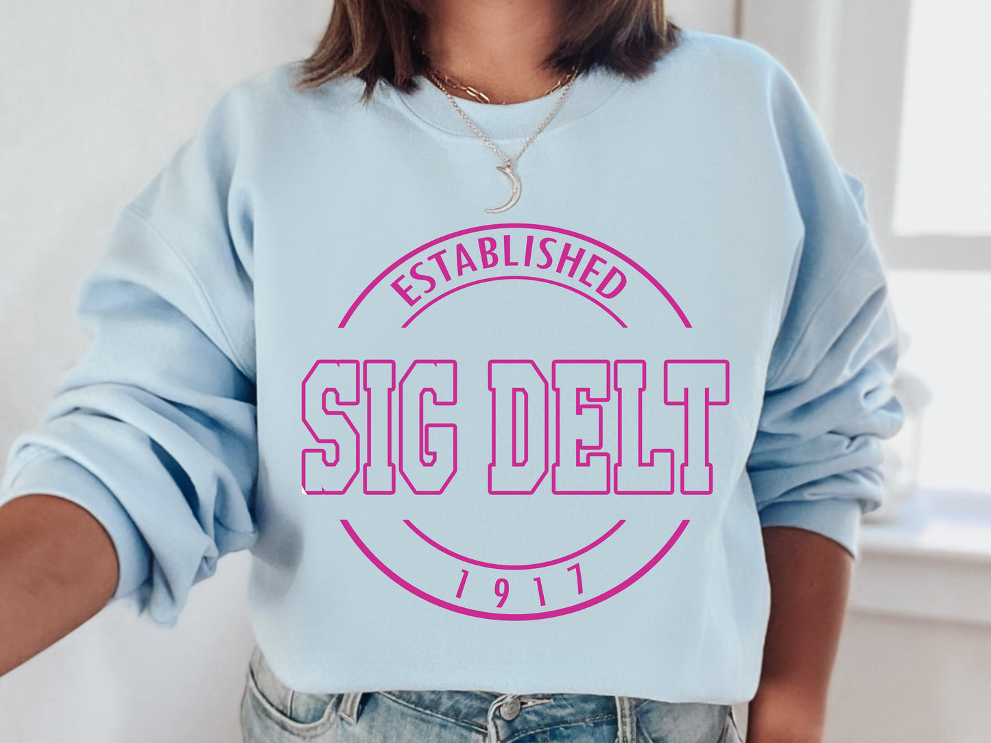Sigma Delta Tau Pink Stamp Sorority Sweatshirt _ 72g