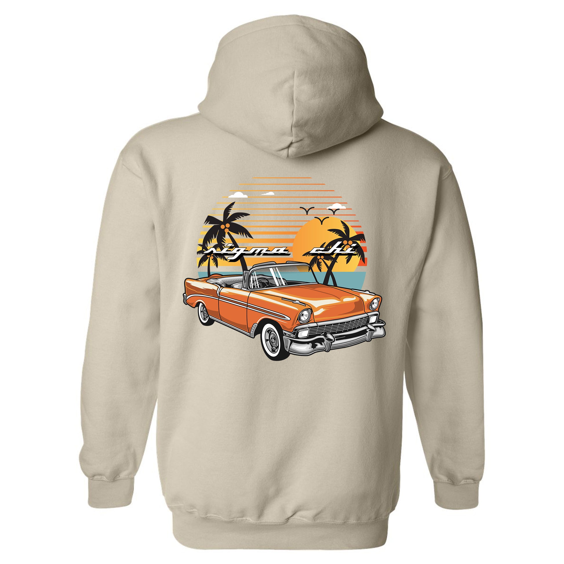 a hoodie with an orange car and palm trees