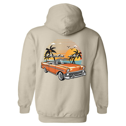 a hoodie with an orange car and palm trees