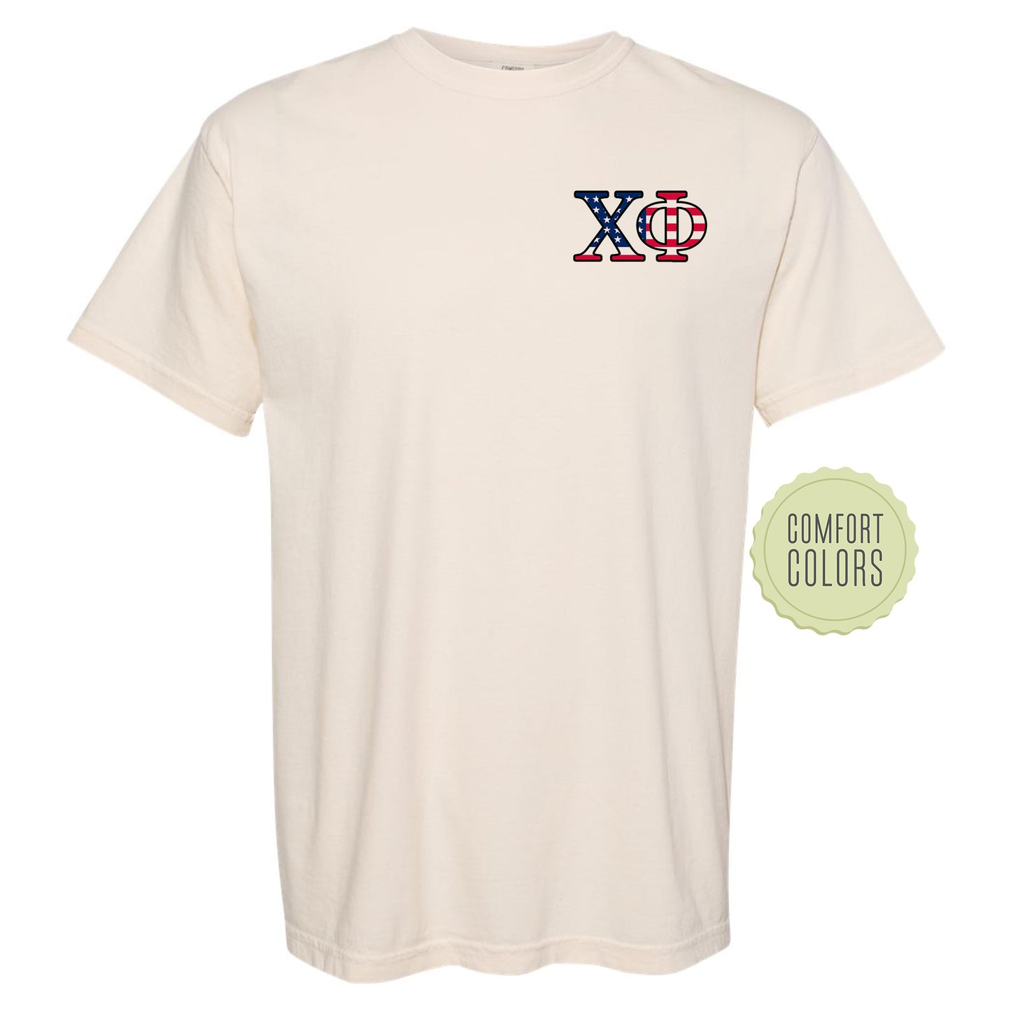 a white t - shirt with a red, white, and blue logo