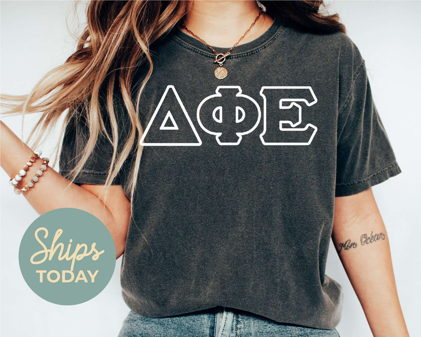 Delta Phi Epsilon White Letter Outline Sorority T-shirt _ 30803g