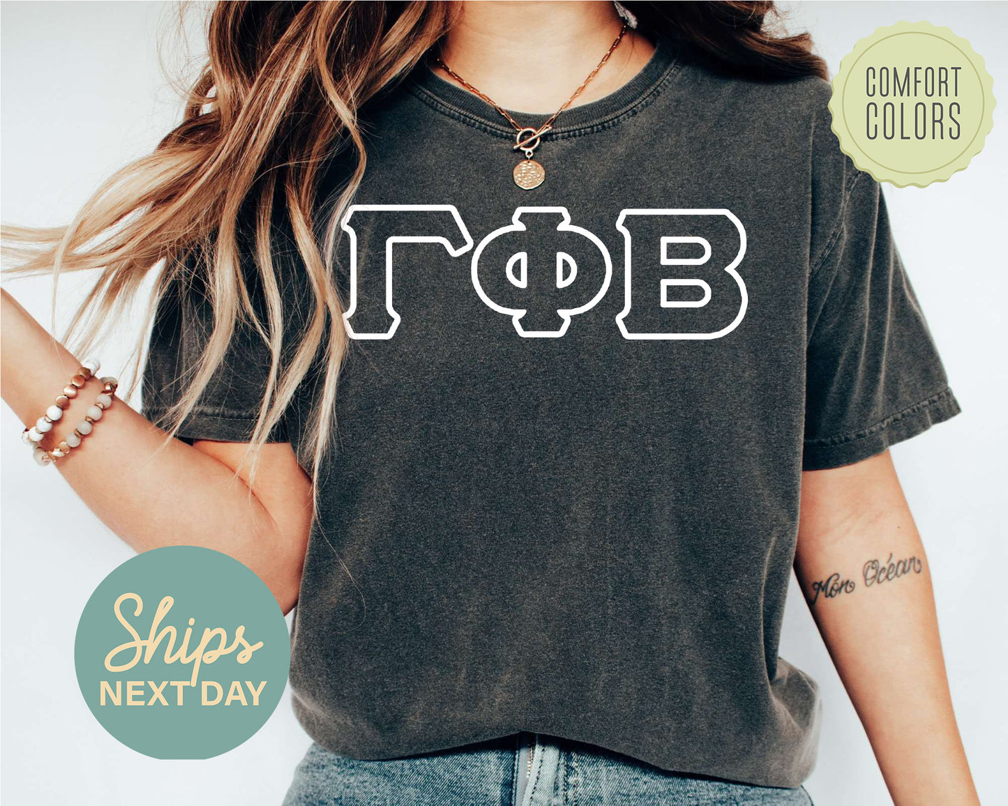 Gamma Phi Beta White Letter Outline Comfort Colors Sorority T-shirt _ 30805g