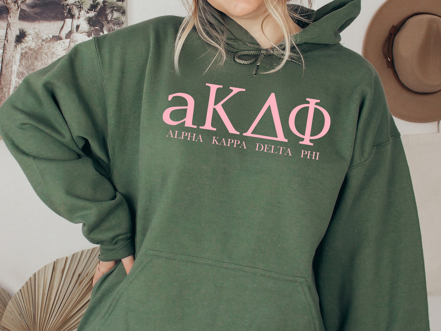 Alpha Kappa Delta Phi Pink Letter Sorority Hoodie _ 3482g