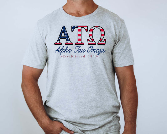 Alpha Tau Omega American Flag Letters Fraternity T-shirt _ 1158g