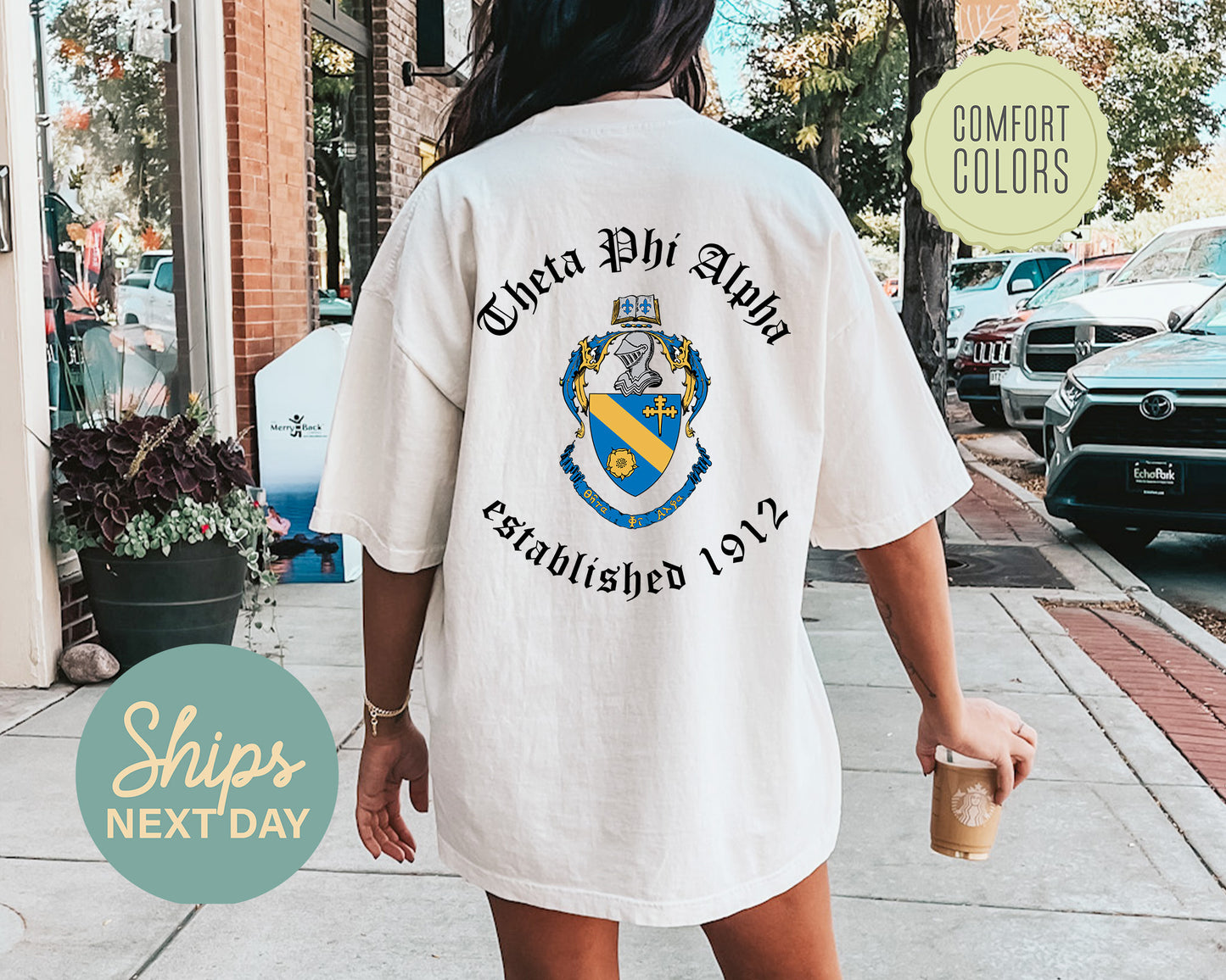 Theta Phi Alpha Old English Crest Comfort Colors Sorority T-shirt _ 32944g