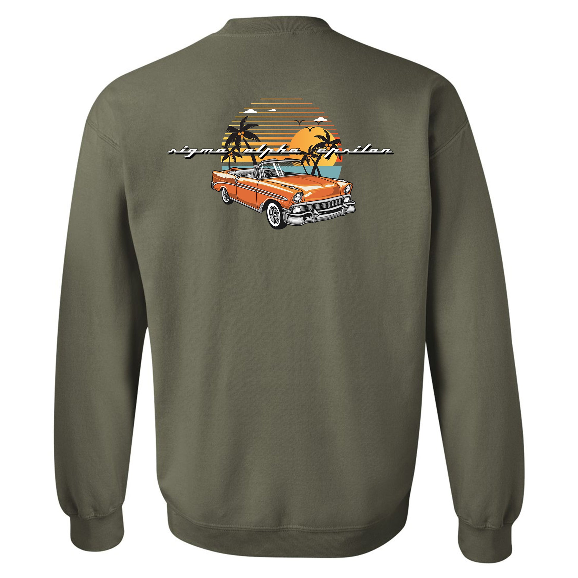a green sweatshirt with an orange car and palm trees