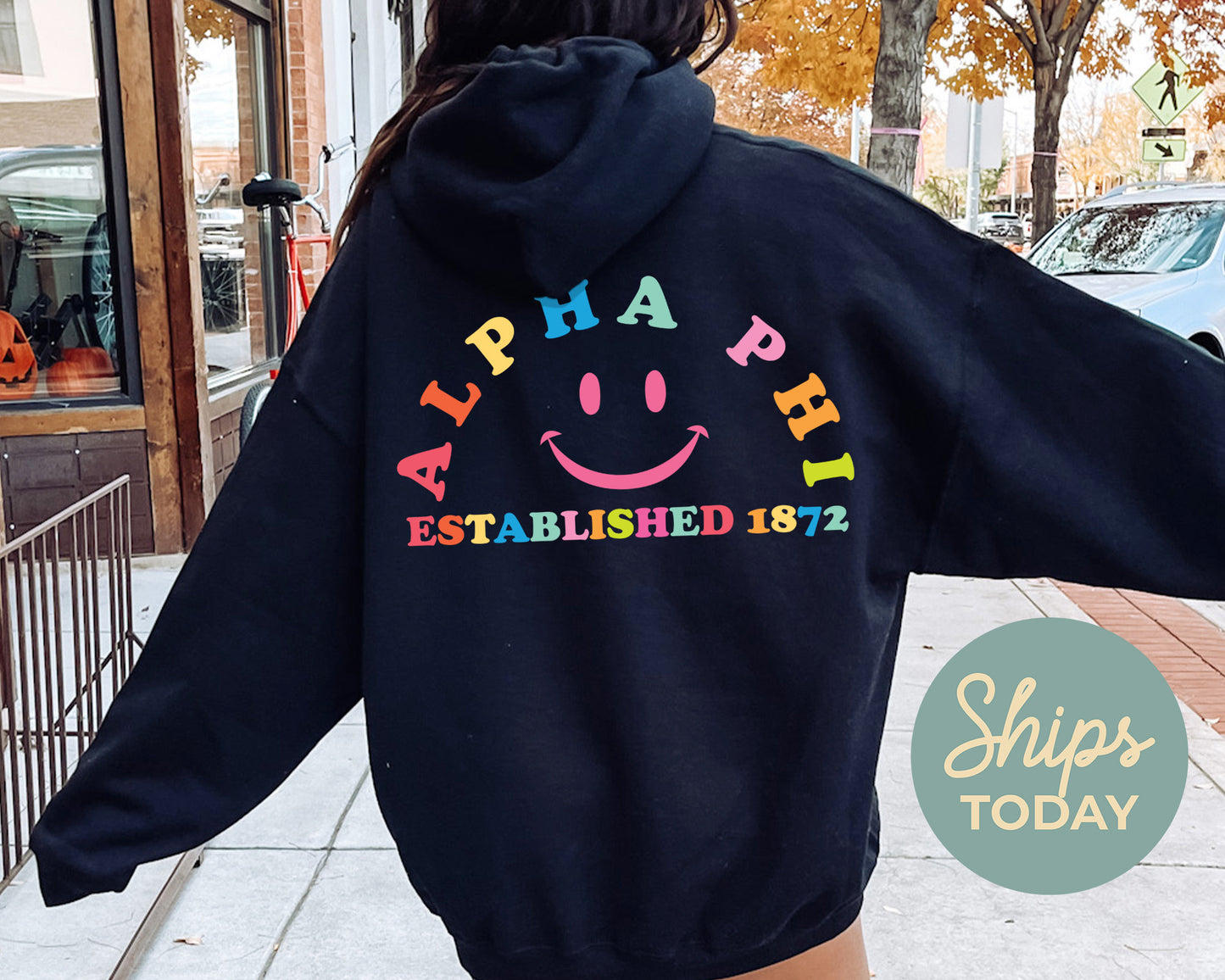 Alpha Phi Gleaming Smiley Face Sorority Hoodie _ 33055g