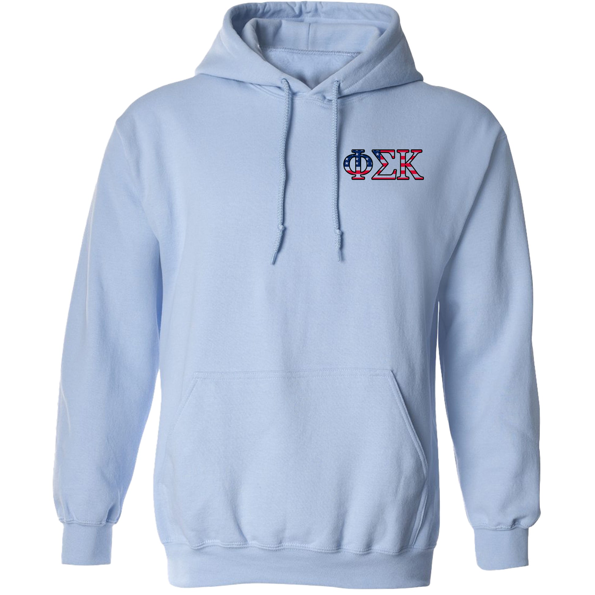 a light blue hoodie with the american flag on it