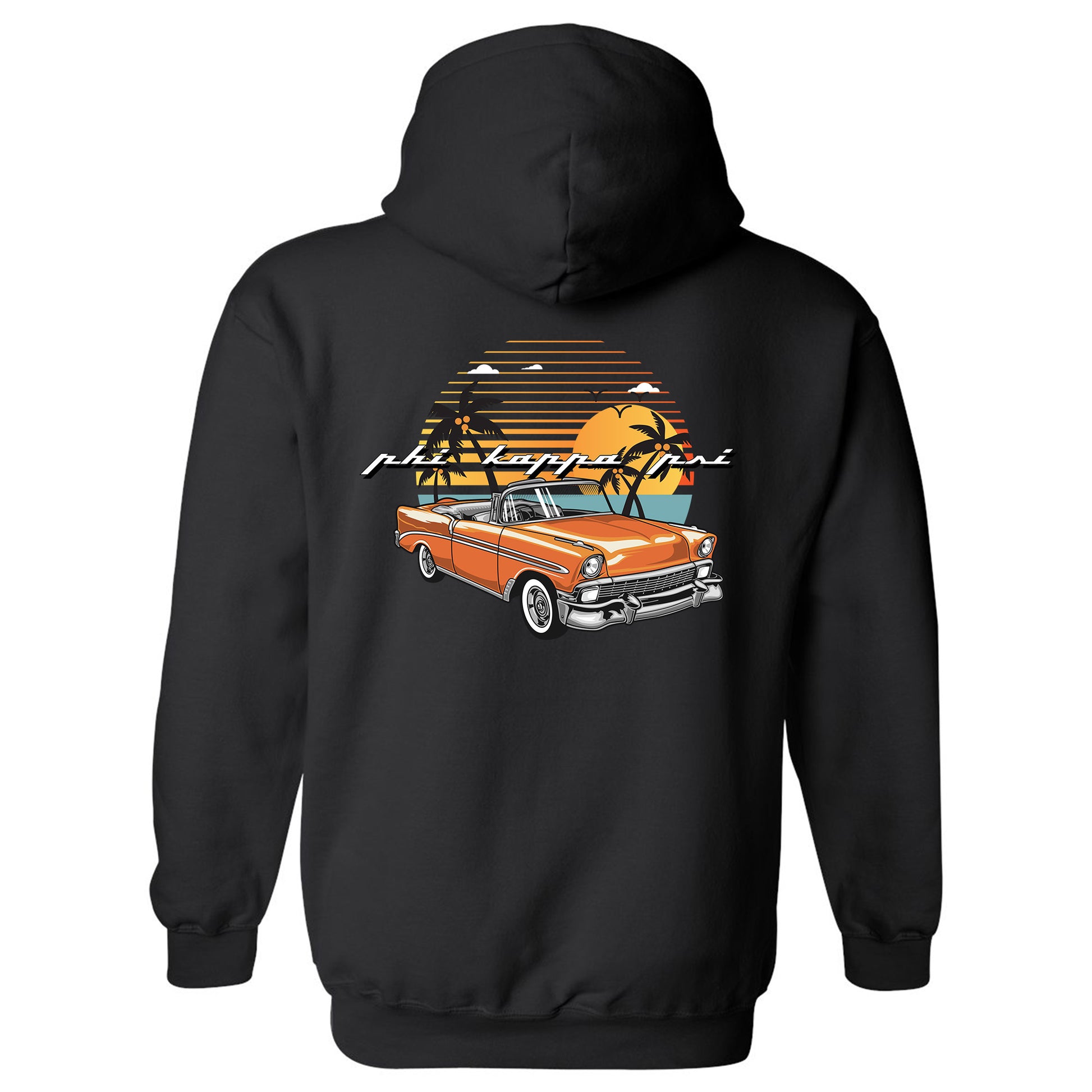 a black hoodie with an orange car and palm trees