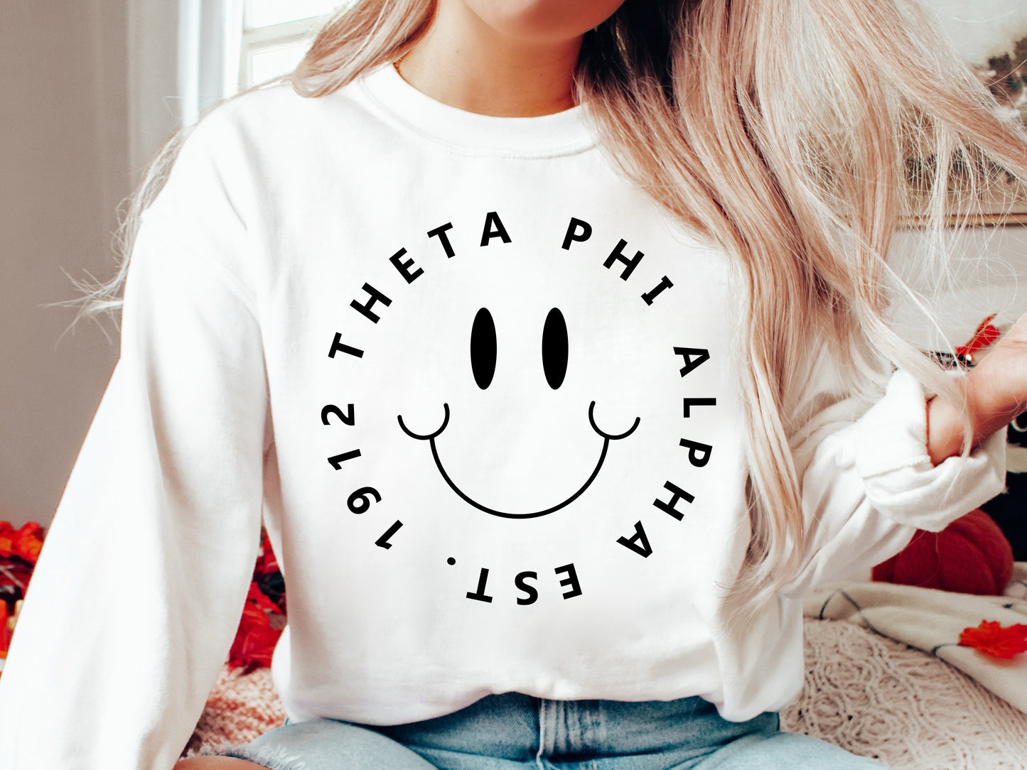 Theta Phi Alpha Smiley Face Halo Sorority Sweatshirt _ 2523g