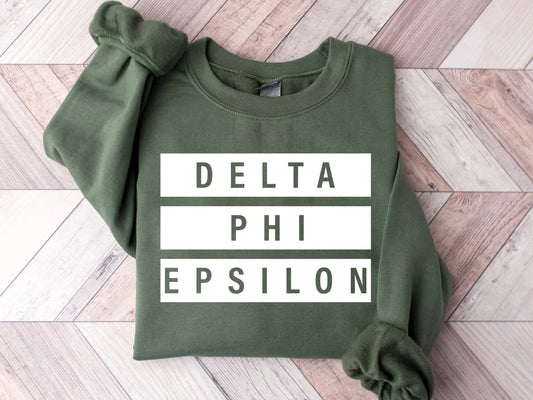 Delta Phi Epsilon Faded White Box Sorority Sweatshirt _ 3345g