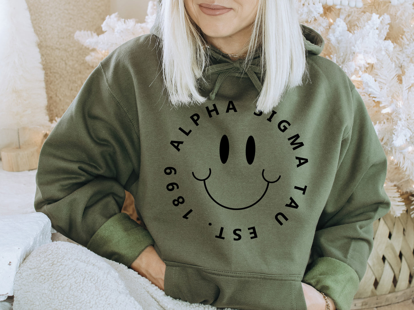 Alpha Sigma Tau Smiley Face Halo Sorority Hoodie _ 2506g
