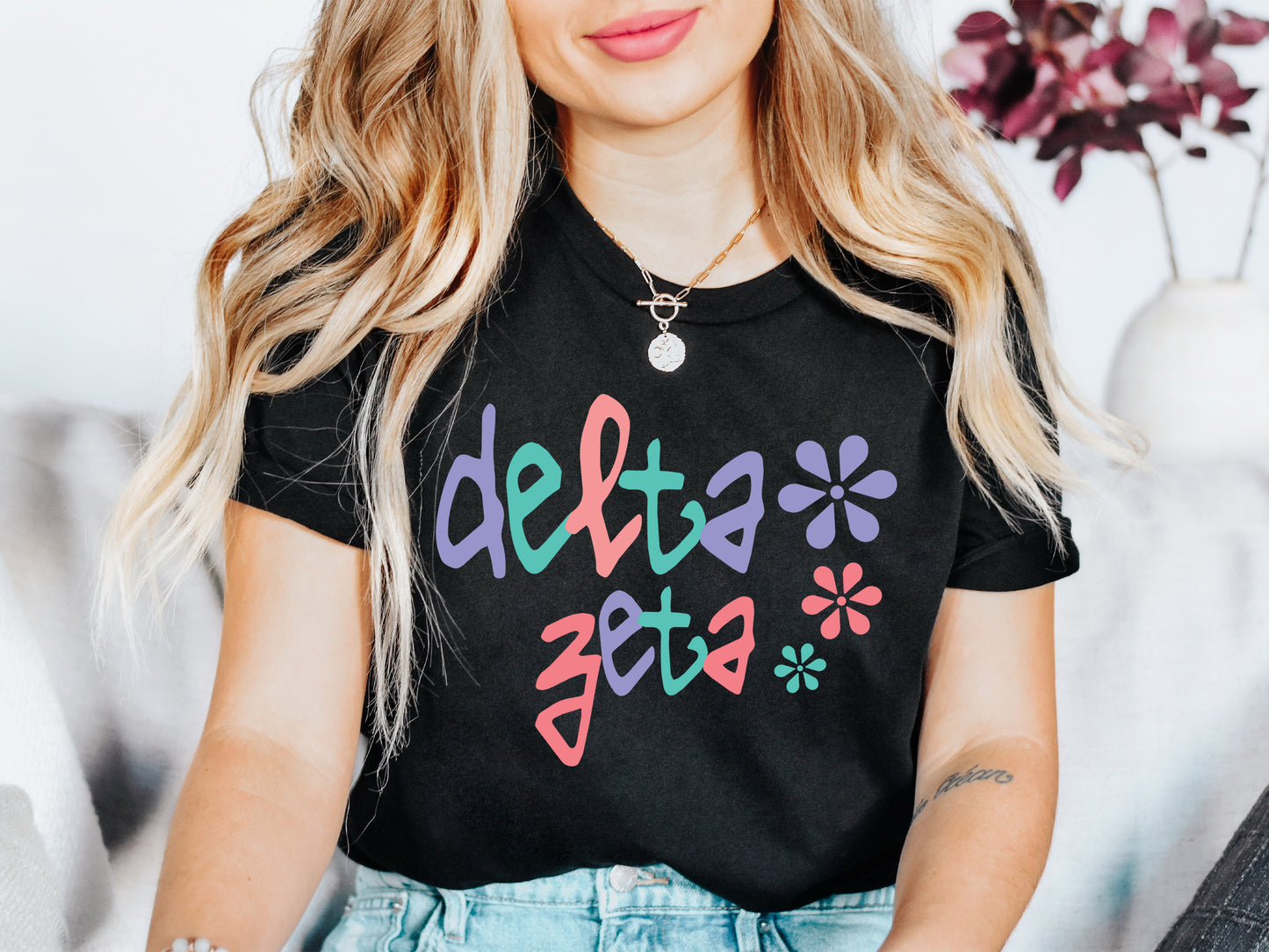 Delta Zeta Colorful Floral Sorority T-shirt _ 2616g