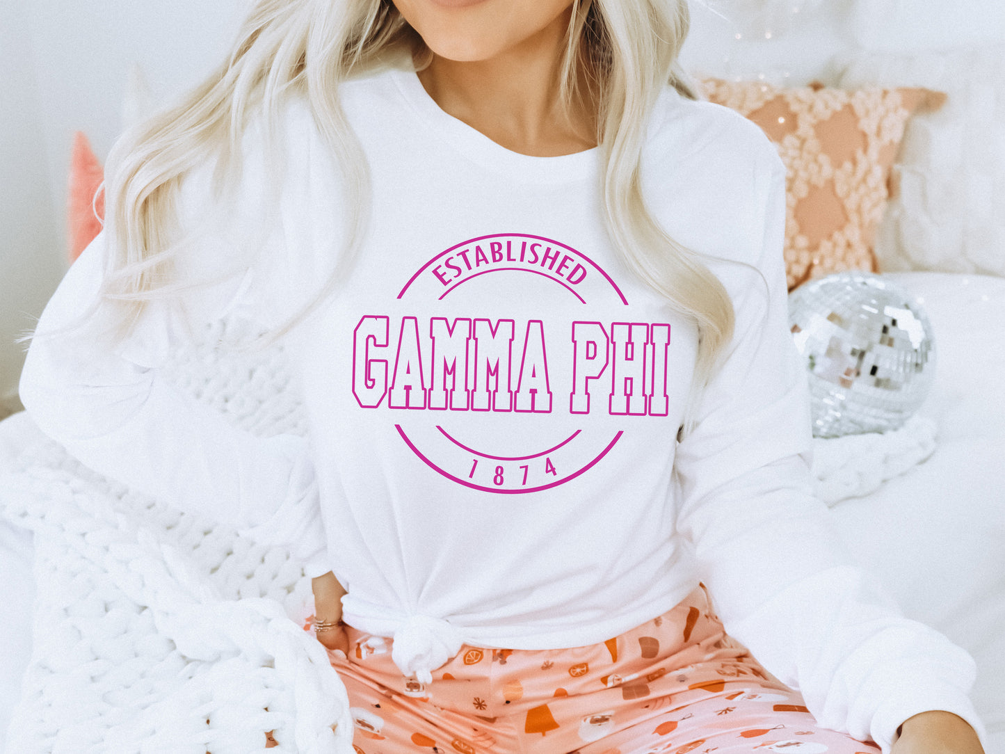 Gamma Phi Beta Pink Stamp Sorority Long Sleeve T-shirt _ 65g