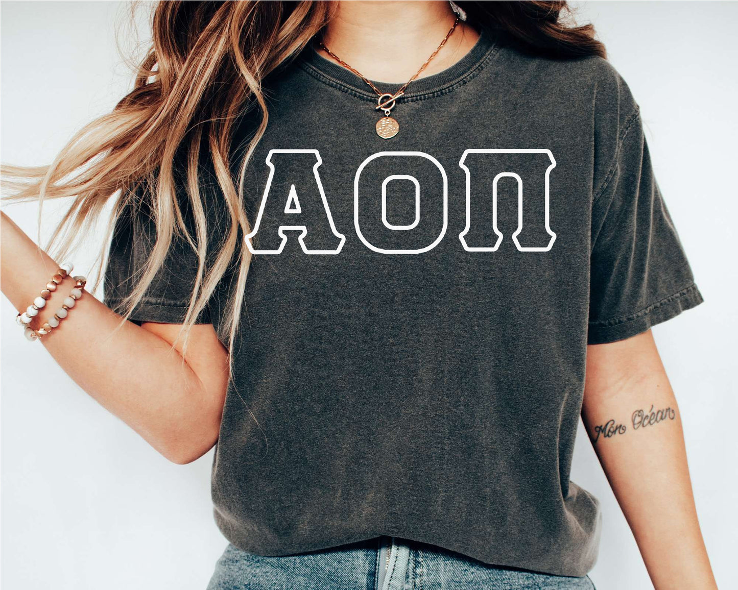 Alpha Omicron Pi White Letter Outline Sorority T-shirt _ 30795g