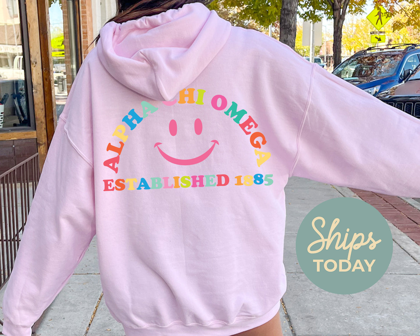 Alpha Chi Omega Gleaming Smiley Face Sorority Hoodie _ 33050g