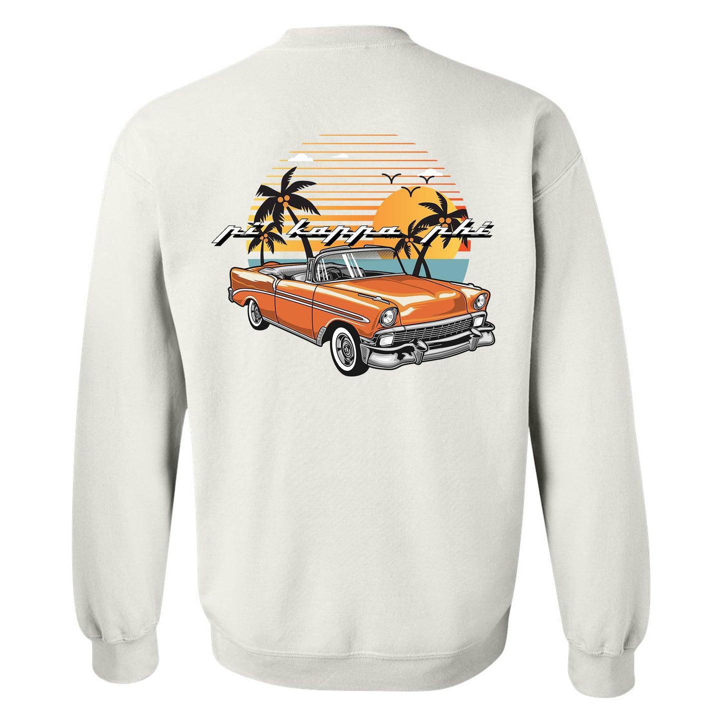 a white sweatshirt with an orange car and palm trees