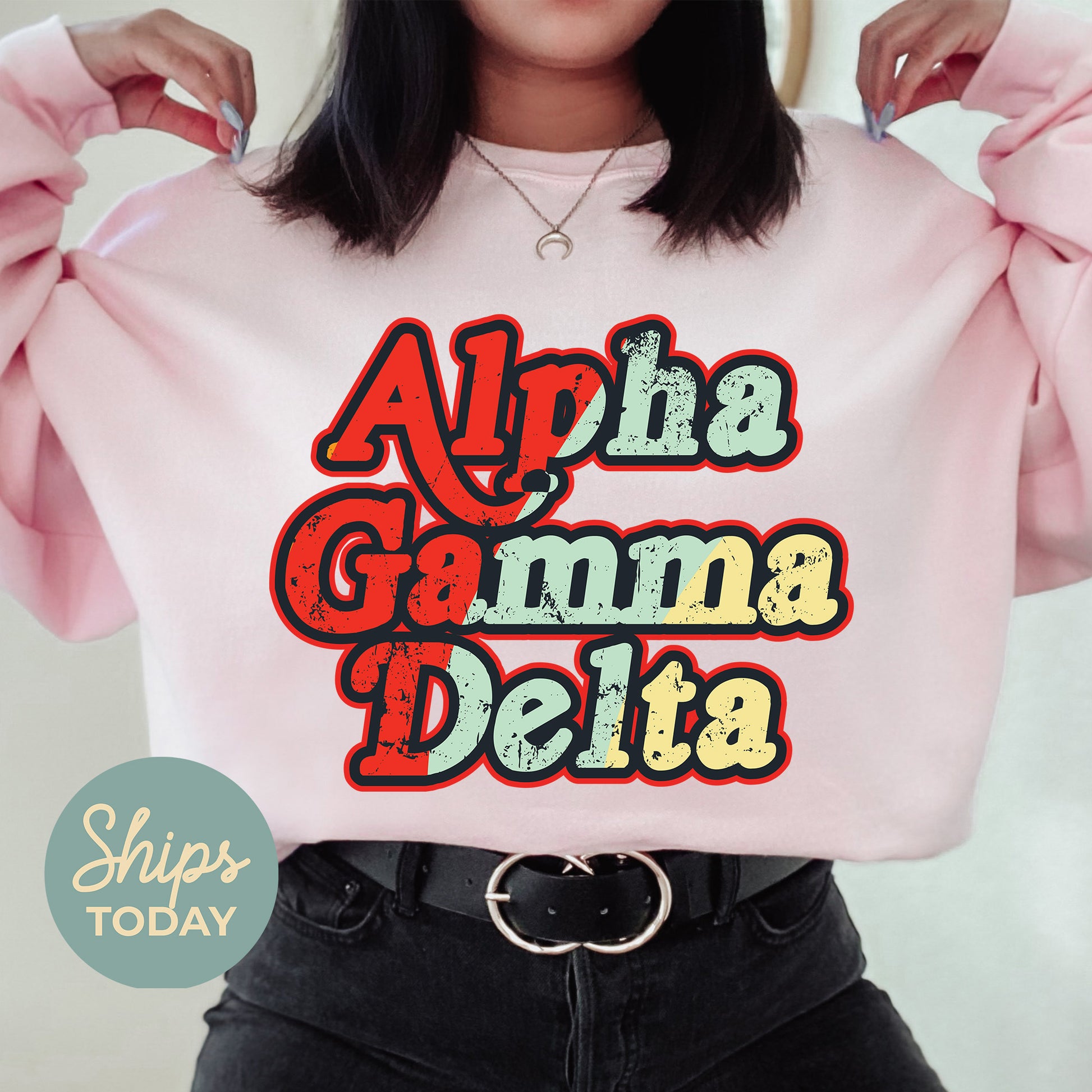 a woman wearing a pink shirt with the words aloha, gama,