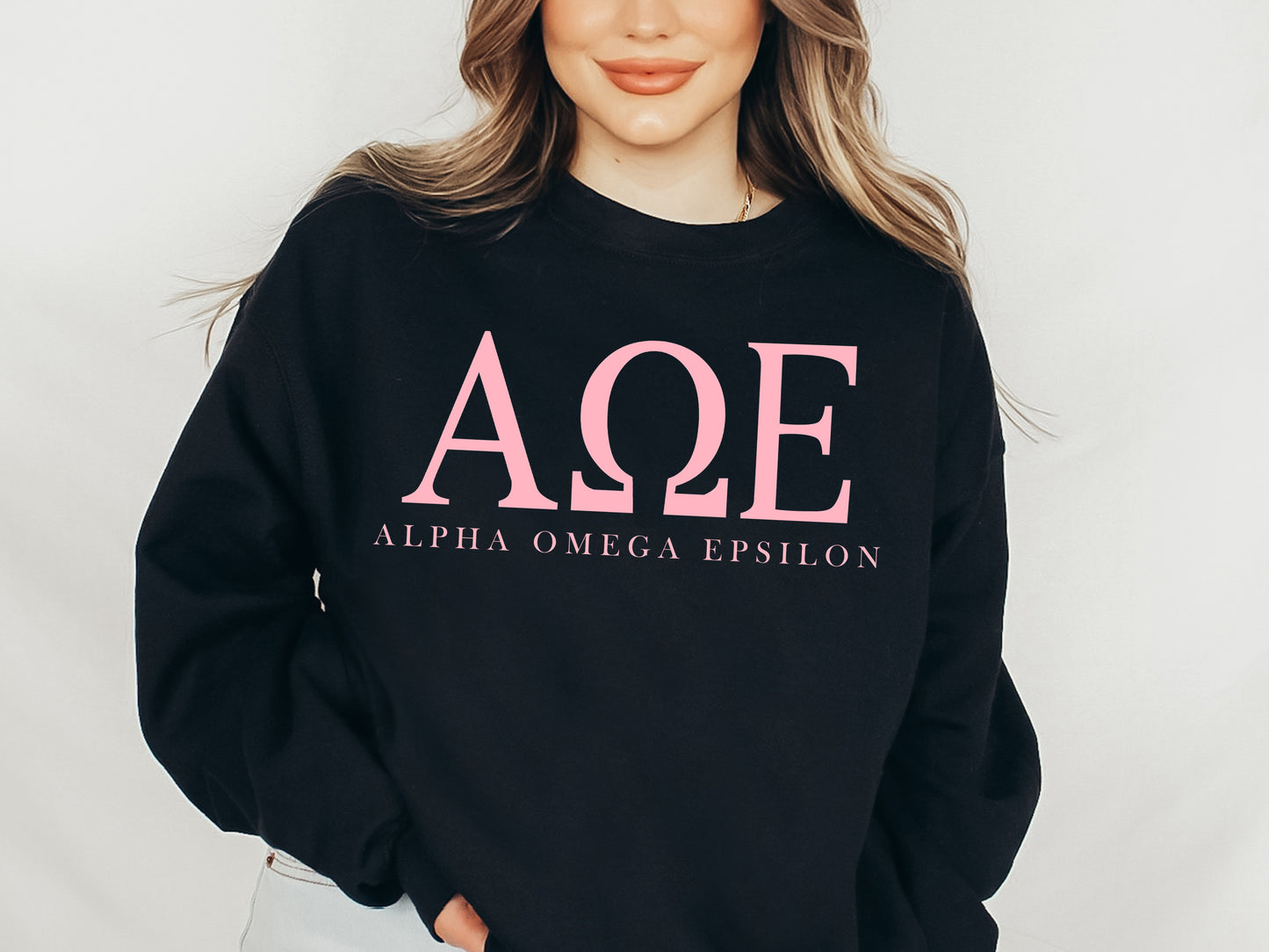 Alpha Omega Epsilon Pink Letter Sorority Sweatshirt _ 3483g