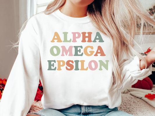 Alpha Omega Epsilon Bright and Colorful Sorority Sweatshirt _ 3468g