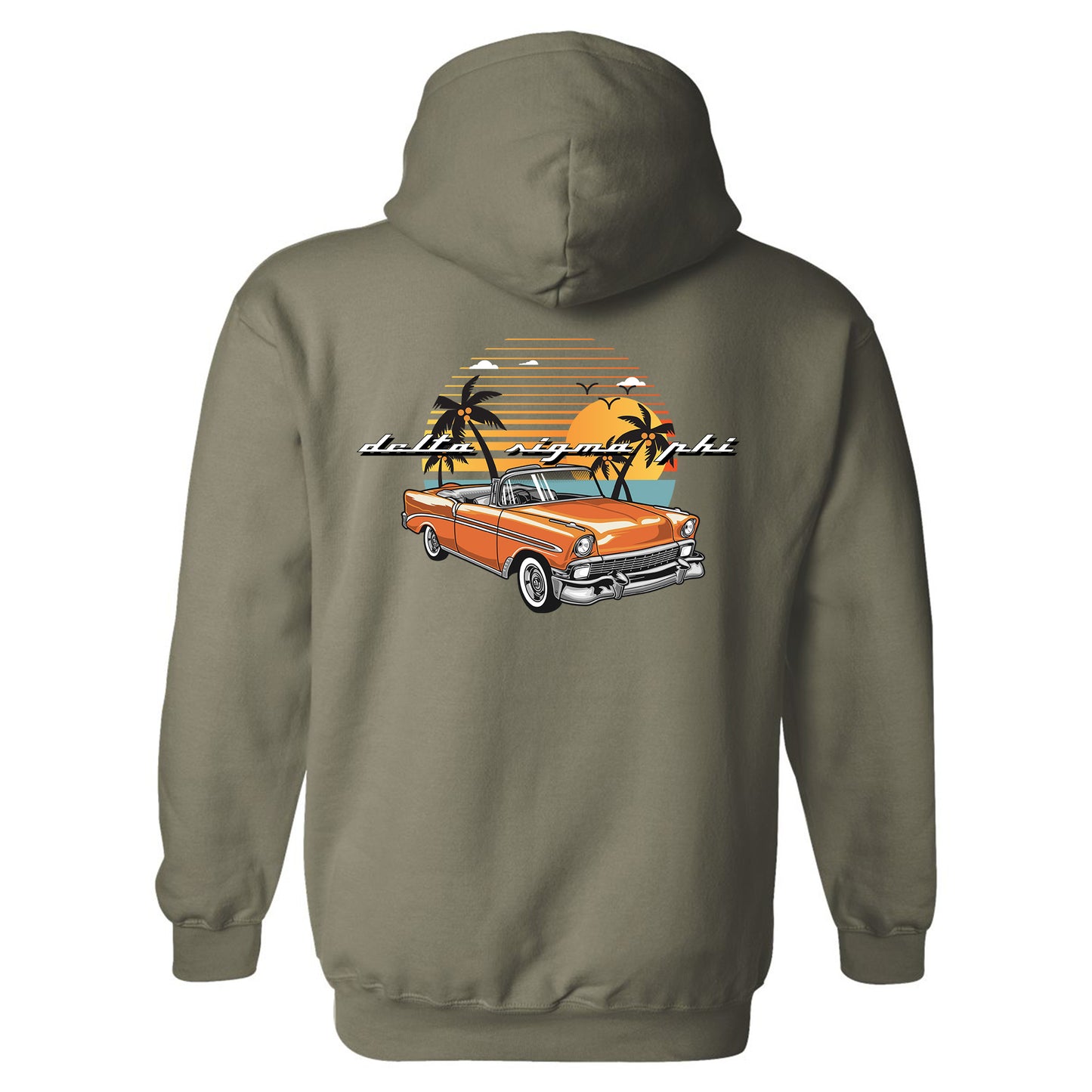a hoodie with an orange car and palm trees